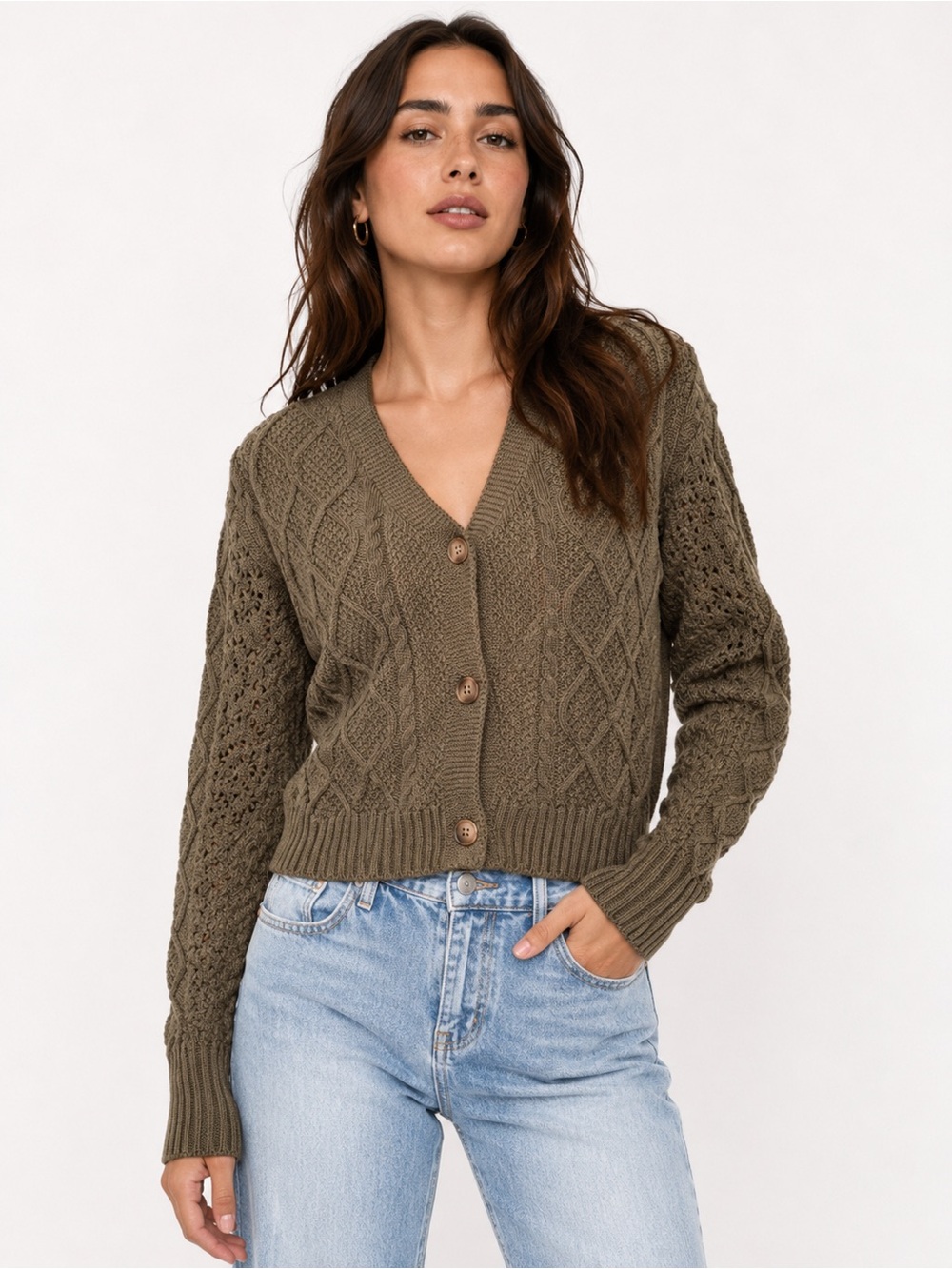 Evereve Olive Cable Knit V-Neck Button Cardigan Sweater Women’s Size Medium